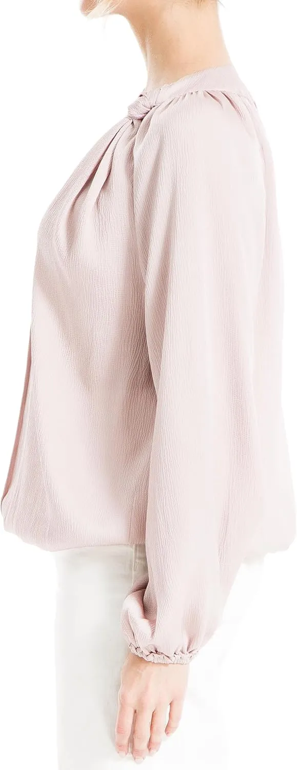 Max Studio Women's Matte Satin Balloon Sleeve V Neck Blouse with Knot Details at Neckline