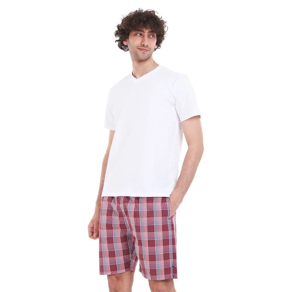 Men summer pajama set White T-shirt   Red checkered short