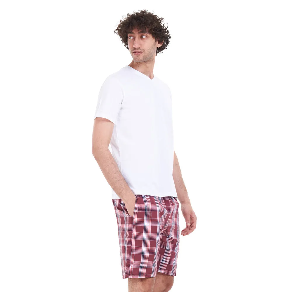 Men summer pajama set White T-shirt   Red checkered short