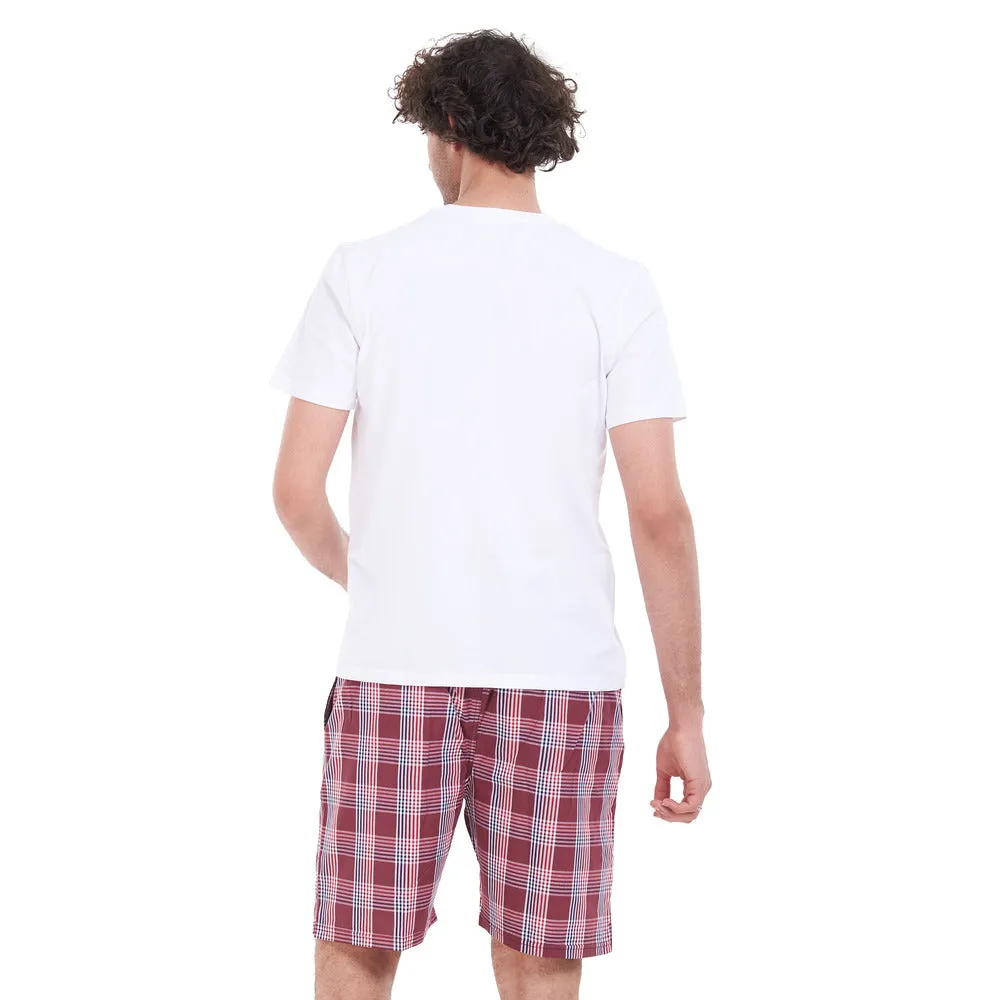 Men summer pajama set White T-shirt   Red checkered short