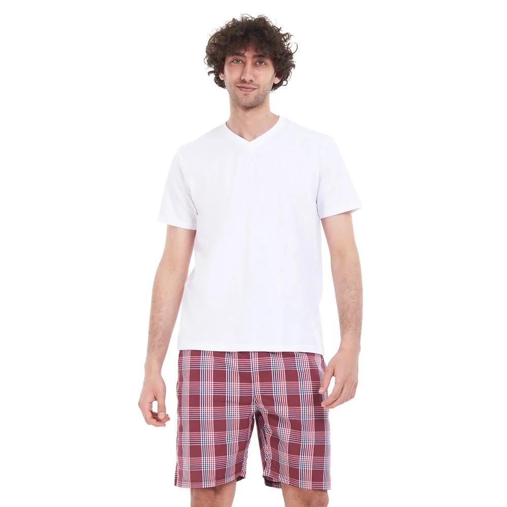 Men summer pajama set White T-shirt   Red checkered short