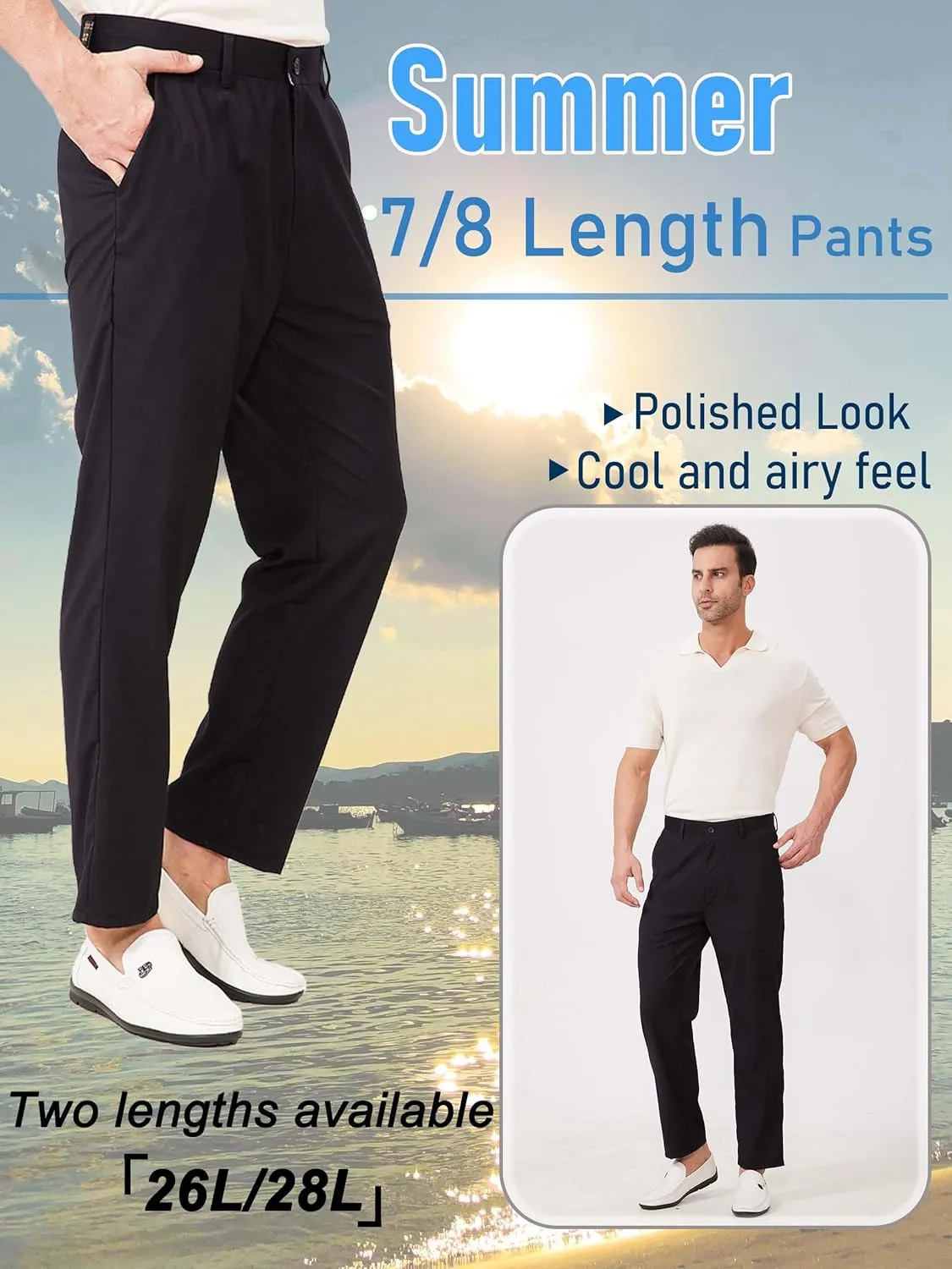 Mens 7/8 Business Casual Pants Lightweight Summer Dress Trousers Loose Taper Fit
