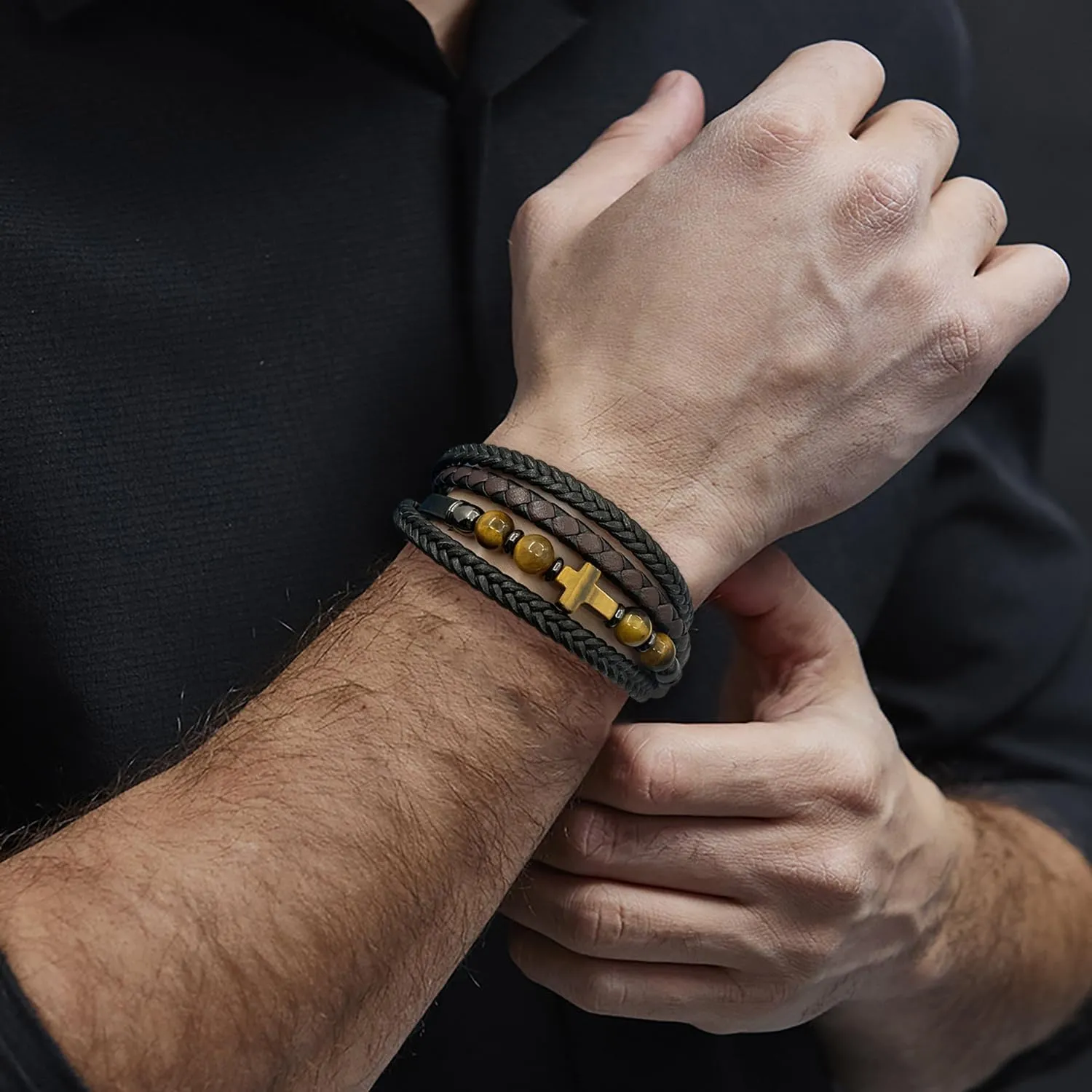 Men's Leather & Stone Cross Bracelet - Christian Religious Jewelry for Men (Lapis/Onyx/Turquoise/Tiger Eye), Braided Design with Alloy Clasp, 8.3" & 9.1" Sizes