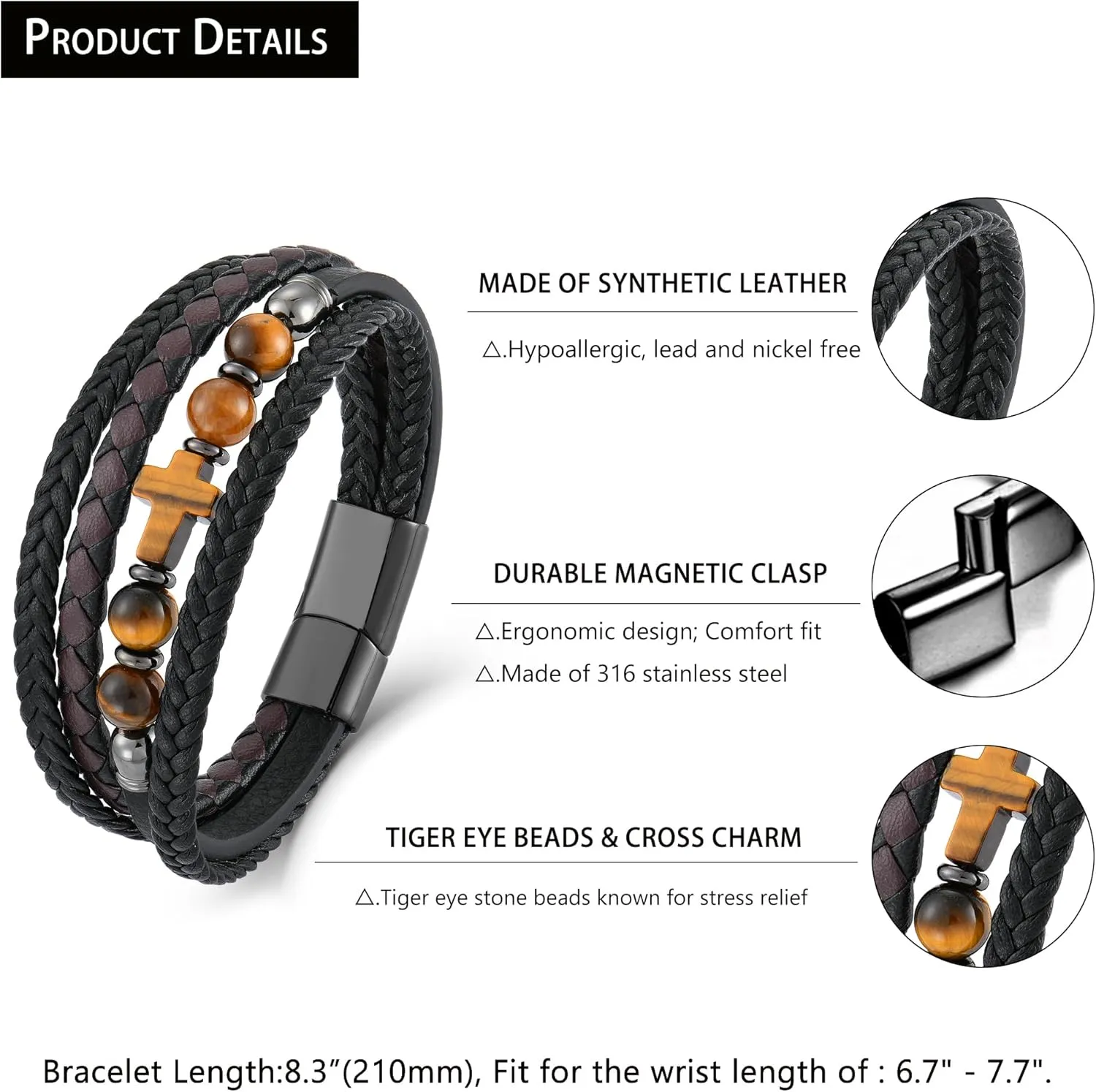 Men's Leather & Stone Cross Bracelet - Christian Religious Jewelry for Men (Lapis/Onyx/Turquoise/Tiger Eye), Braided Design with Alloy Clasp, 8.3" & 9.1" Sizes