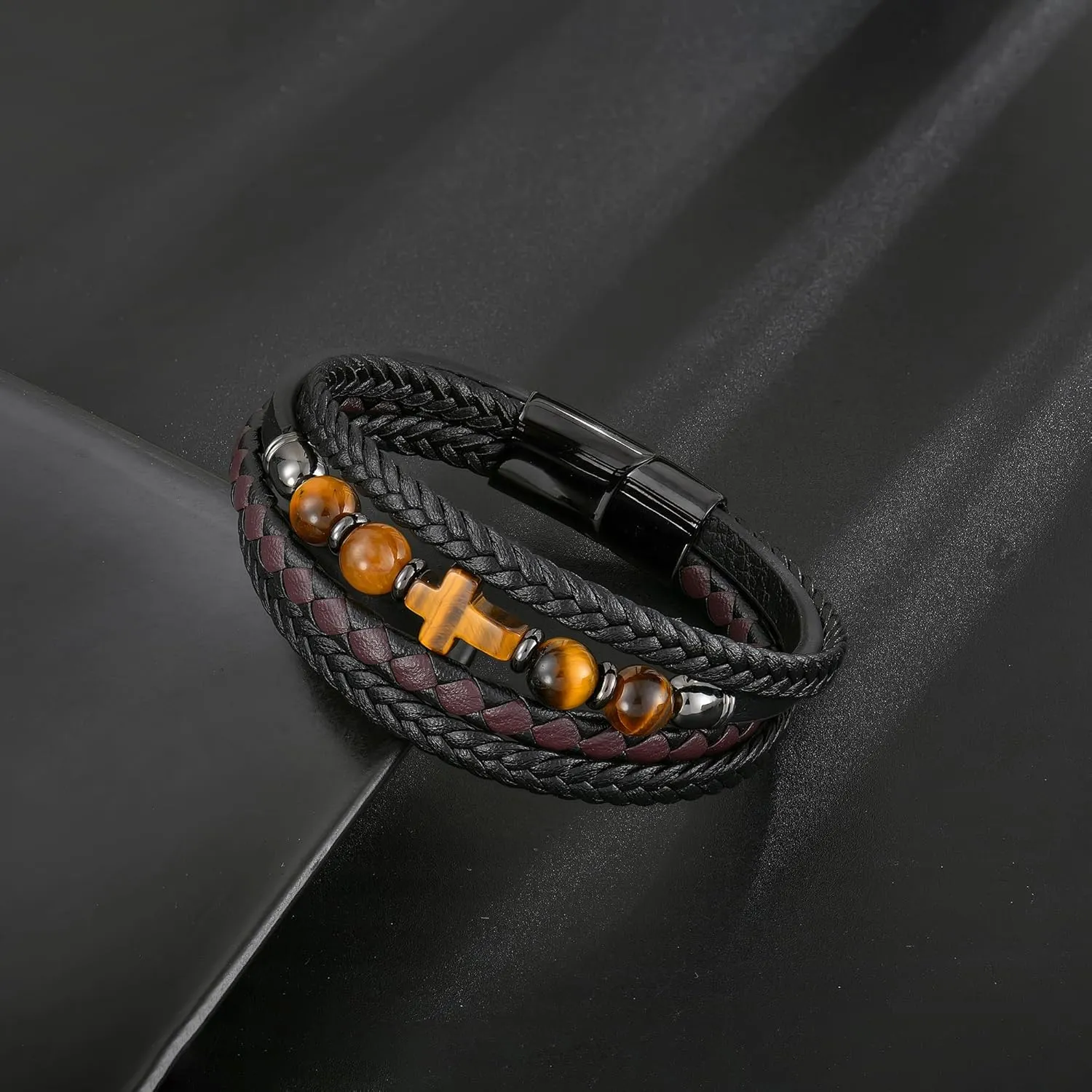 Men's Leather & Stone Cross Bracelet - Christian Religious Jewelry for Men (Lapis/Onyx/Turquoise/Tiger Eye), Braided Design with Alloy Clasp, 8.3" & 9.1" Sizes