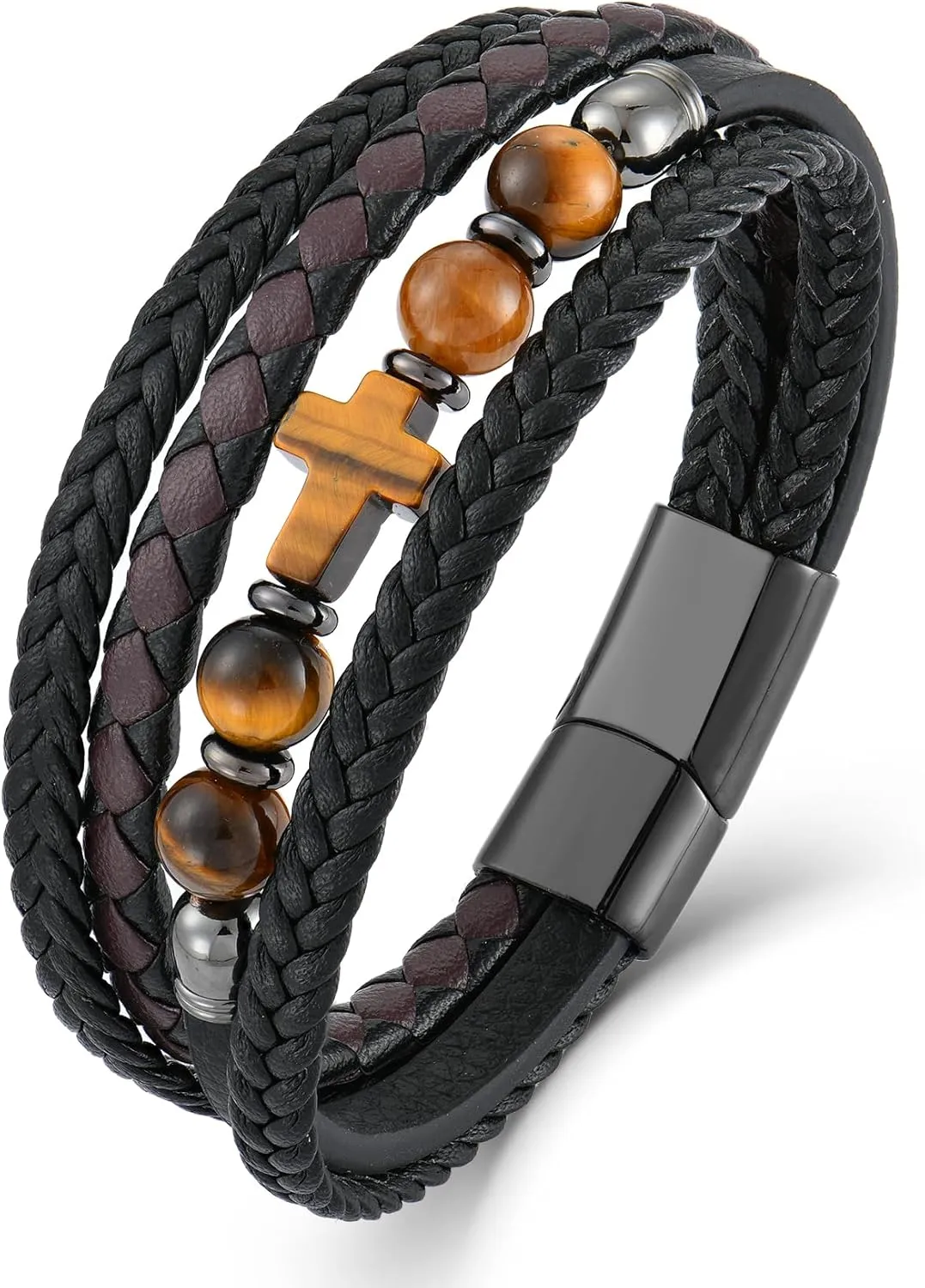 Men's Leather & Stone Cross Bracelet - Christian Religious Jewelry for Men (Lapis/Onyx/Turquoise/Tiger Eye), Braided Design with Alloy Clasp, 8.3" & 9.1" Sizes