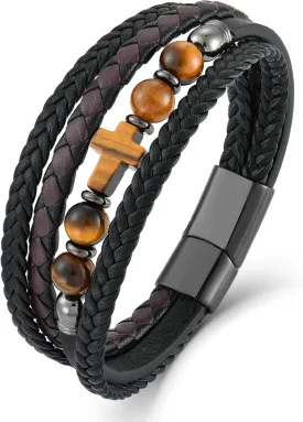 Men's Leather & Stone Cross Bracelet - Christian Religious Jewelry for Men (Lapis/Onyx/Turquoise/Tiger Eye), Braided Design with Alloy Clasp, 8.3" & 9.1" Sizes