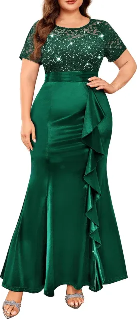 Miusol Women's Plus Size Lace Contrasted Satin Ruffled Trim Mermaid Hem Sequin Maxi Evening Dress