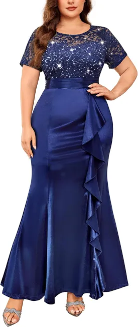 Miusol Women's Plus Size Lace Contrasted Satin Ruffled Trim Mermaid Hem Sequin Maxi Evening Dress