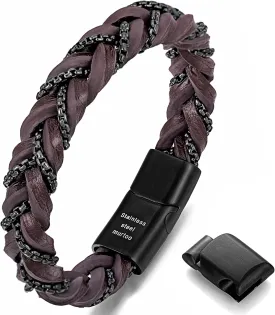 murtoo Shackles of Freedom Bracelets for Men, Mens Braided Leather Bracelets with Steel Chains and Magnetic Clasp, Stylish Gift for Men murtoo Shackles of Freedom Bracelets for Men, Mens Braided Leather Bracelets with Steel Chains and Magnetic Clasp, Stylish Gift for Men