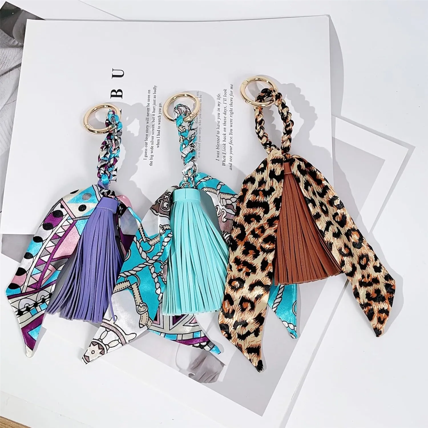 QTMY Silk Ribbon Leather Tassel Bag Pendant Charm Keyring Keychain for Women Purse Handbag Decor,2043