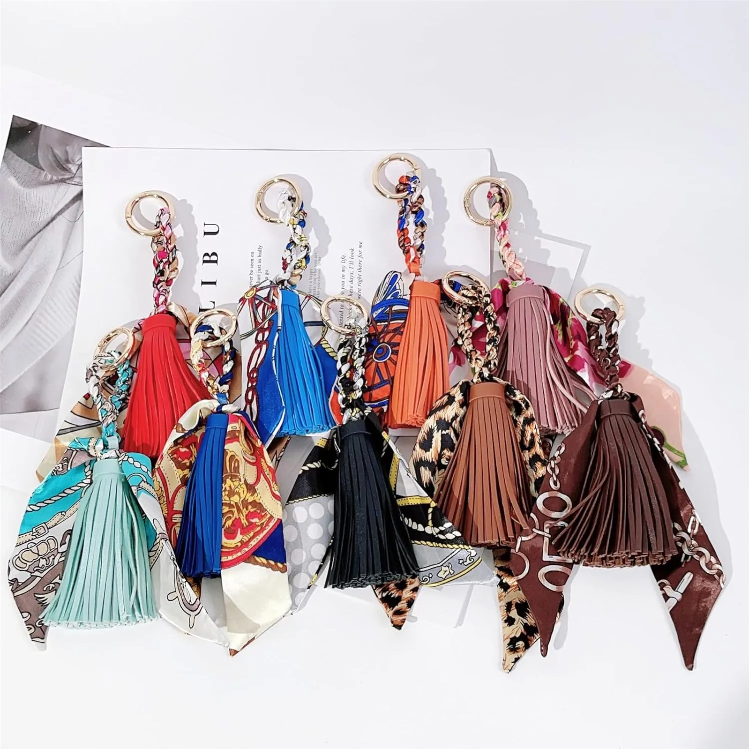 QTMY Silk Ribbon Leather Tassel Bag Pendant Charm Keyring Keychain for Women Purse Handbag Decor,2043