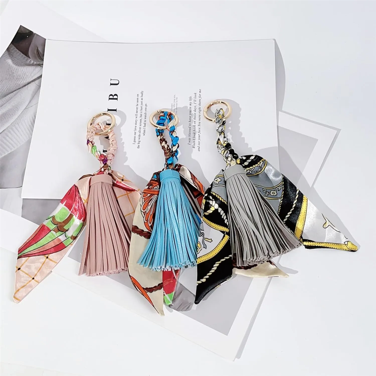 QTMY Silk Ribbon Leather Tassel Bag Pendant Charm Keyring Keychain for Women Purse Handbag Decor,2043