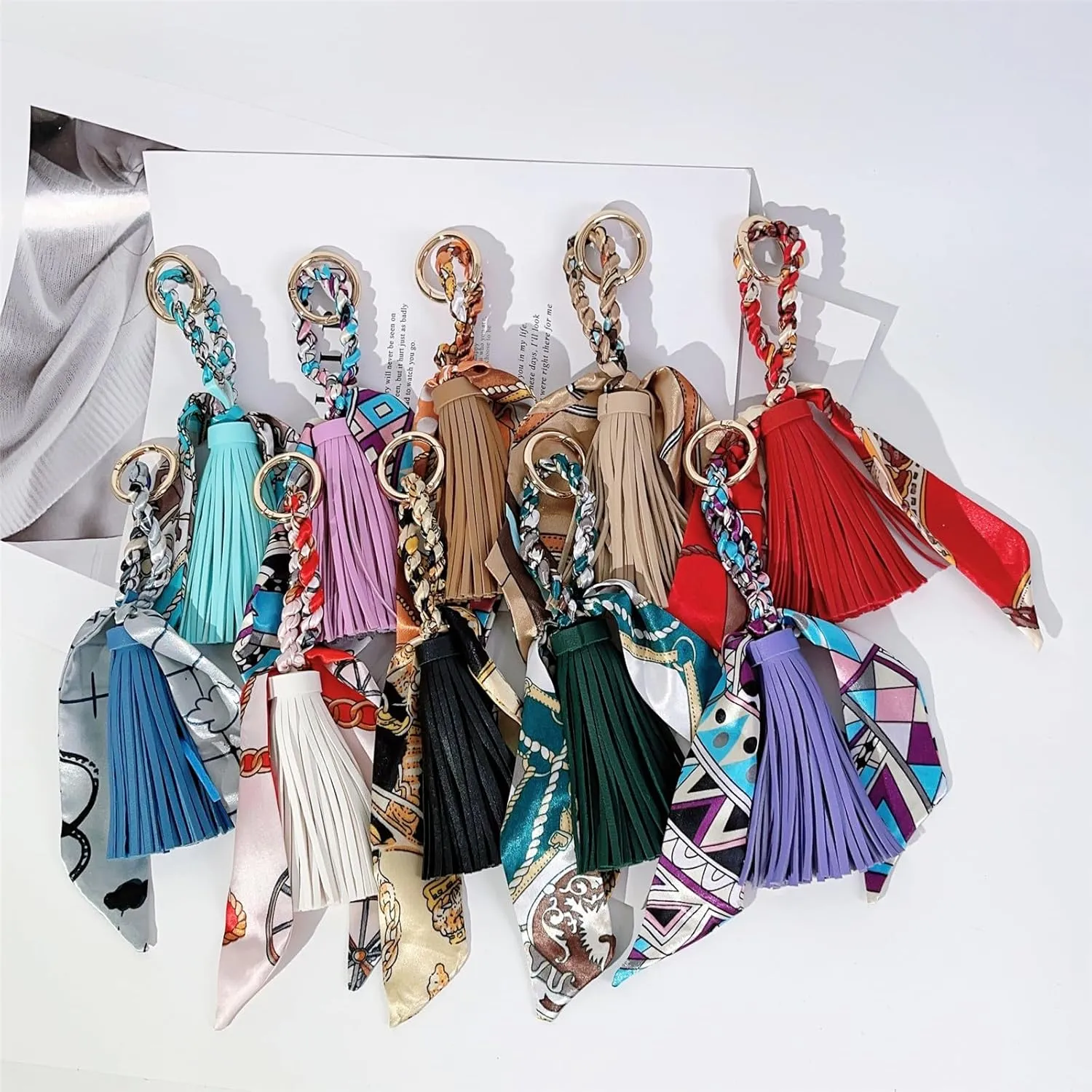 QTMY Silk Ribbon Leather Tassel Bag Pendant Charm Keyring Keychain for Women Purse Handbag Decor,2043