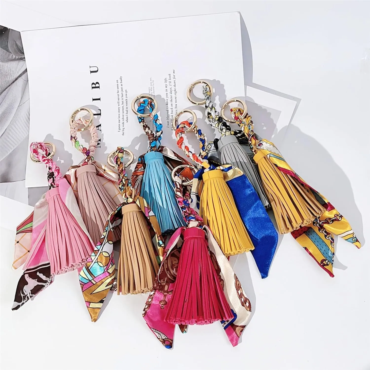 QTMY Silk Ribbon Leather Tassel Bag Pendant Charm Keyring Keychain for Women Purse Handbag Decor,2043