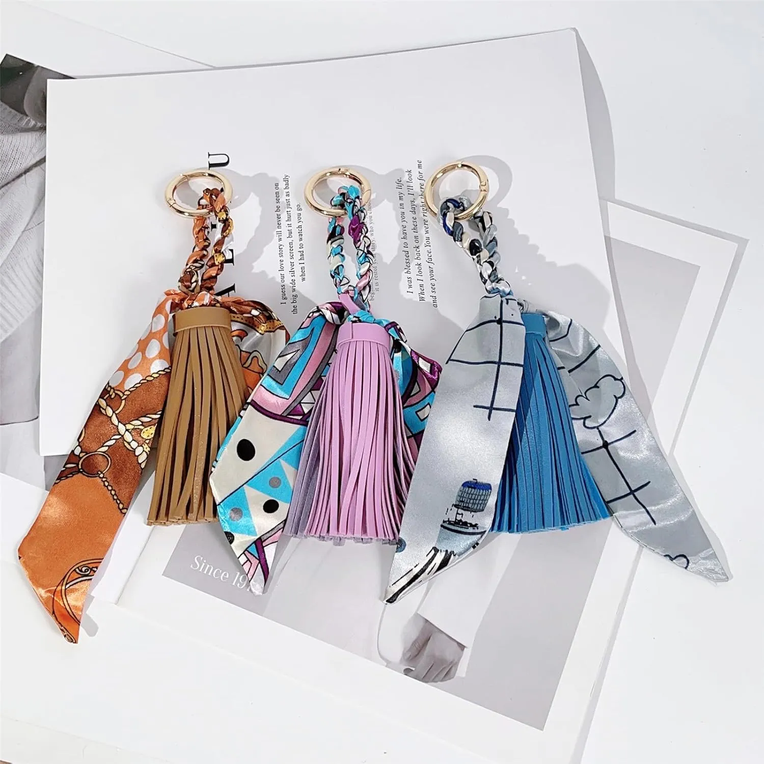 QTMY Silk Ribbon Leather Tassel Bag Pendant Charm Keyring Keychain for Women Purse Handbag Decor,2043