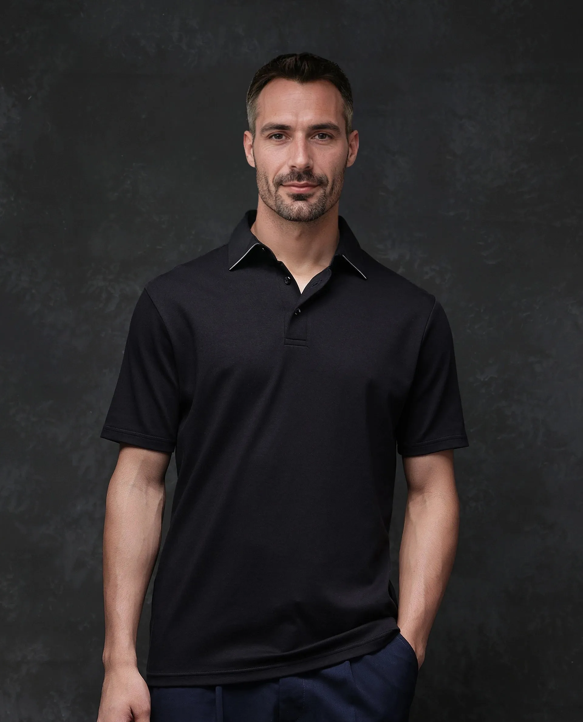 Rare Rabbit Men Clive Black Cotton Lycra Fabric Short Sleeve Regular Fit Plain Polo