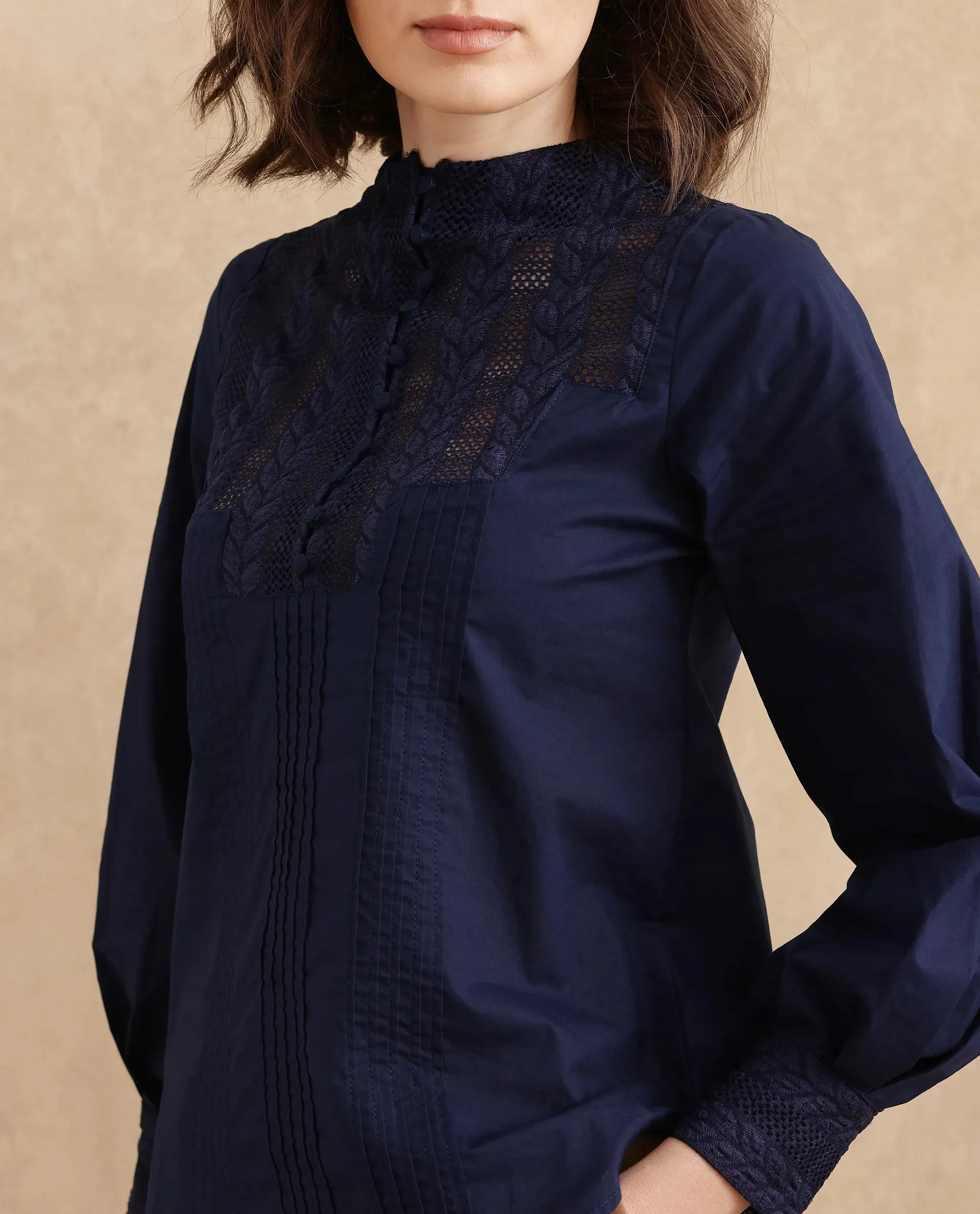 Rareism Women Olafi Navy Bishop Sleeve High Neck Button Closure Regular Fit Plain Top