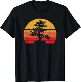 Retro Sun Minimalist Bonsai Tree Design Graphic T-Shirt