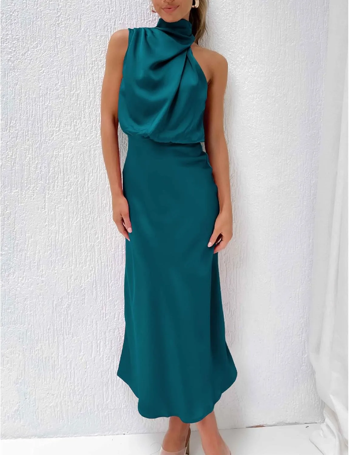 Sexyshine Women's Elegant Halter Tie Neck Sleeveless Satin Long Dress Backless Split Cocktail Party Formal Wedding Maxi Dress