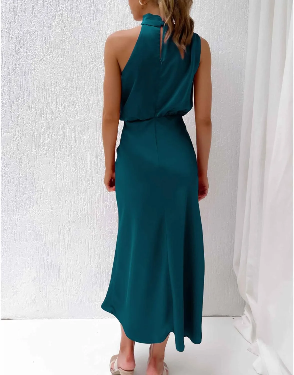 Sexyshine Women's Elegant Halter Tie Neck Sleeveless Satin Long Dress Backless Split Cocktail Party Formal Wedding Maxi Dress