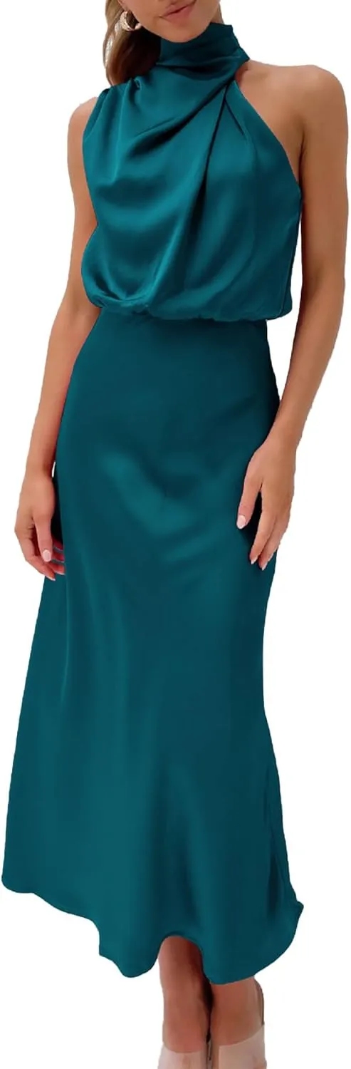 Sexyshine Women's Elegant Halter Tie Neck Sleeveless Satin Long Dress Backless Split Cocktail Party Formal Wedding Maxi Dress