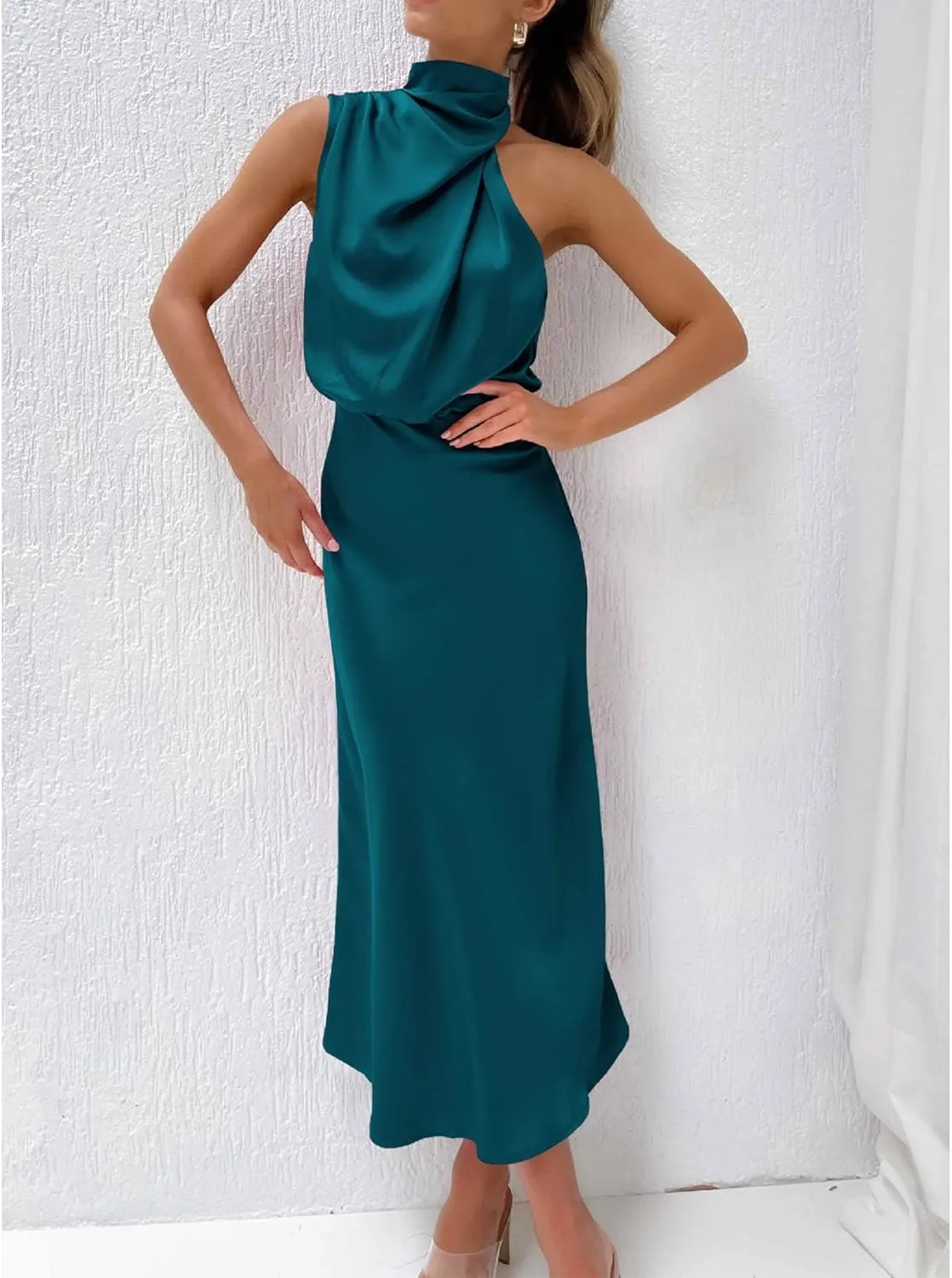 Sexyshine Women's Elegant Halter Tie Neck Sleeveless Satin Long Dress Backless Split Cocktail Party Formal Wedding Maxi Dress