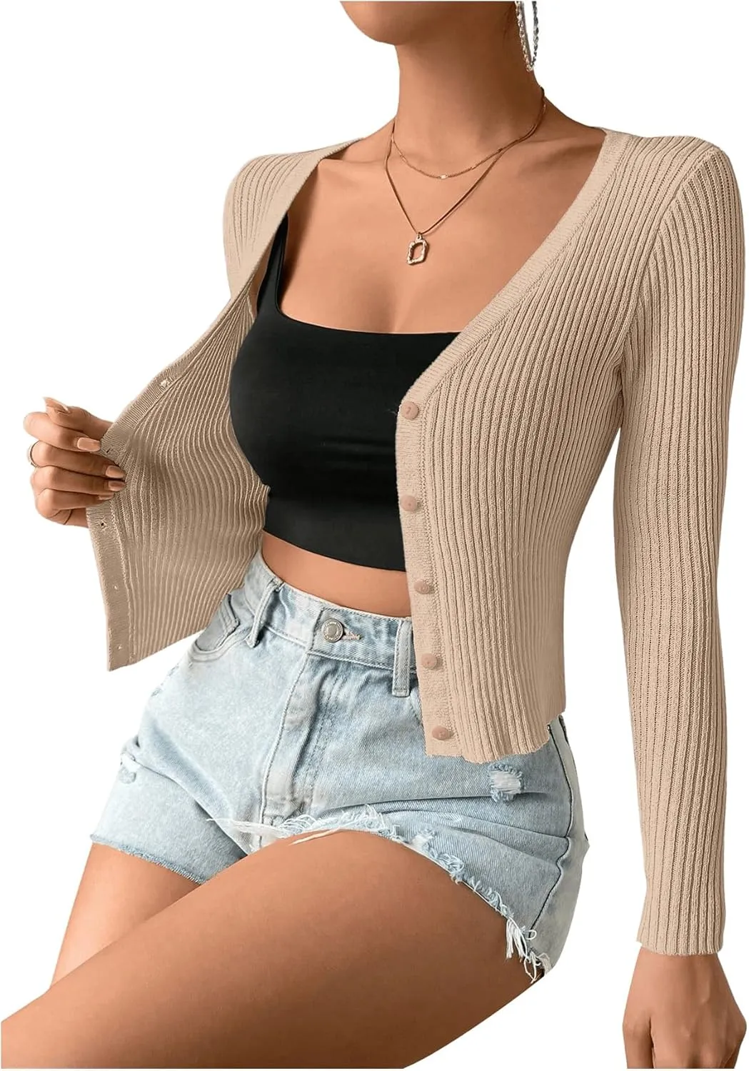 SHENHE Women's Ribbed Knit Button Down V Neck Lightweight Cropped Cardigan Sweater