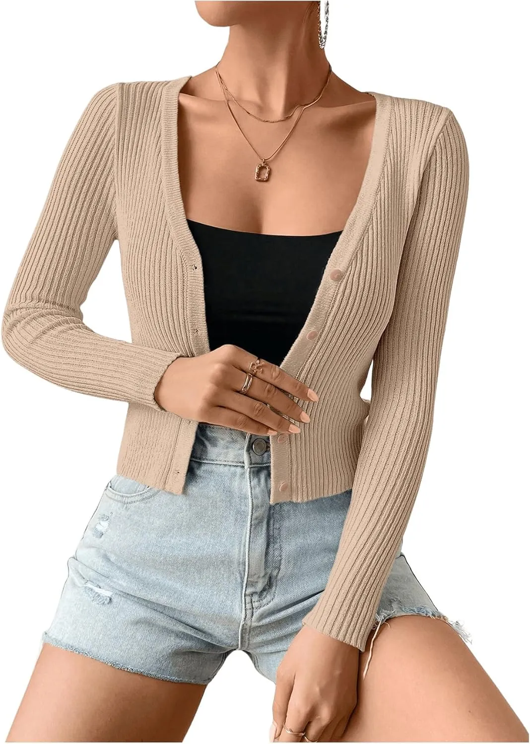SHENHE Women's Ribbed Knit Button Down V Neck Lightweight Cropped Cardigan Sweater