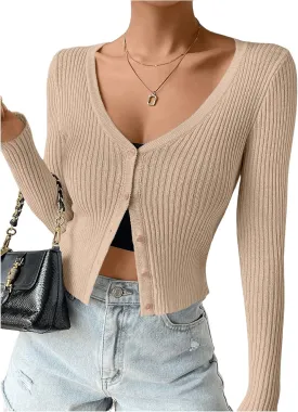 SHENHE Women's Ribbed Knit Button Down V Neck Lightweight Cropped Cardigan Sweater