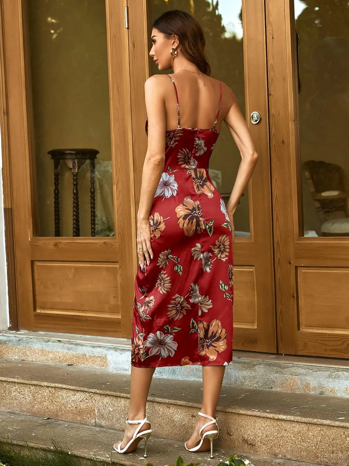 SOLY HUX Women's Floral Print Ruched Split Hem Satin Cami Dress Midi Dresses