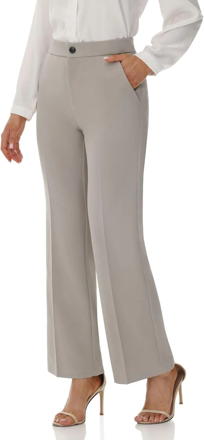 Soojun Women's Flat Front Wide Leg Pants Business Casual Trousers Office
