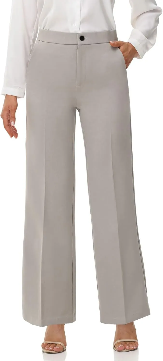 Soojun Women's Flat Front Wide Leg Pants Business Casual Trousers Office