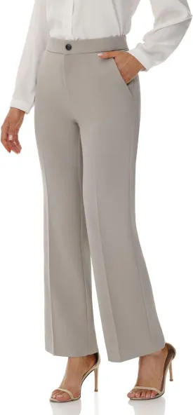 Soojun Women's Flat Front Wide Leg Pants Business Casual Trousers Office