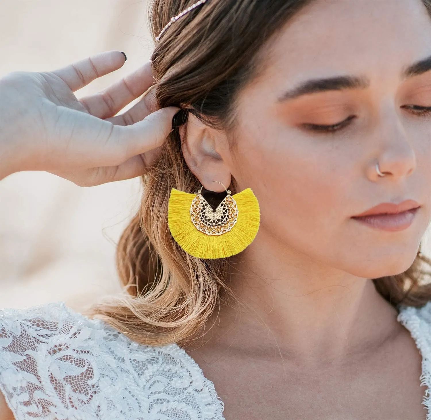 Tassel Hoop Earring Statement Thread Dangle Earrings Stylish Long Fringe Drop Earrings Lightweight Long Swingy French Hook Earrings for Women