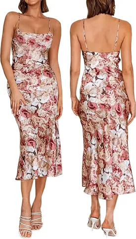 Tsher Women's Sleeveless Spaghetti Strap Satin Wedding Guest Party Dress Cowl Neck Backless Midi Formal Dresses