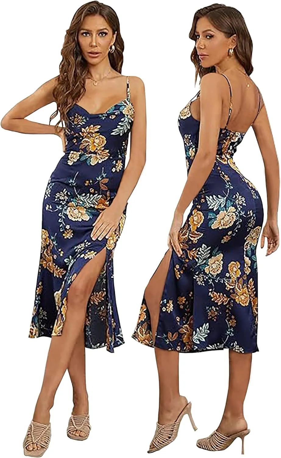 Tsher Women's Sleeveless Spaghetti Strap Satin Wedding Guest Party Dress Cowl Neck Backless Midi Formal Dresses