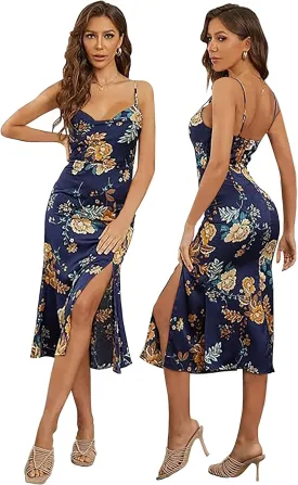 Tsher Women's Sleeveless Spaghetti Strap Satin Wedding Guest Party Dress Cowl Neck Backless Midi Formal Dresses Tsher Women's Sleeveless Spaghetti Strap Satin Wedding Guest Party Dress Cowl Neck Backless Midi Formal Dresses