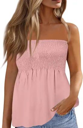 Tube Tops for Women Floral Print Strapless Tube Tops Smocked Ruffled Sleeveless Bandeau Lightweight Cute Tanks