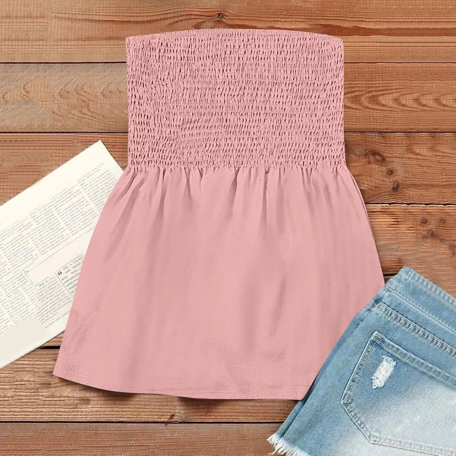Tube Tops for Women Floral Print Strapless Tube Tops Smocked Ruffled Sleeveless Bandeau Lightweight Cute Tanks