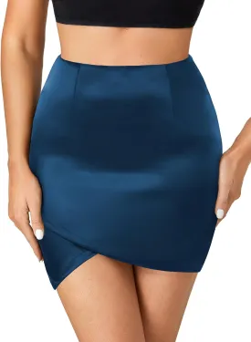 Umenlele Women's Satin Silky High Waist Warp Asymmetrical Tulip Hem Bodycon Pencil Short Mini Skirt