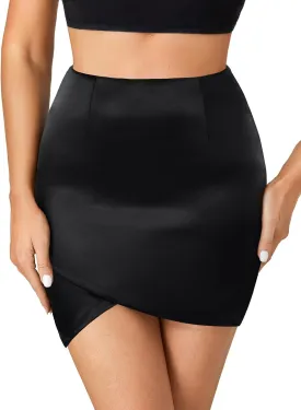 Umenlele Women's Satin Silky High Waist Warp Asymmetrical Tulip Hem Bodycon Pencil Short Mini Skirt