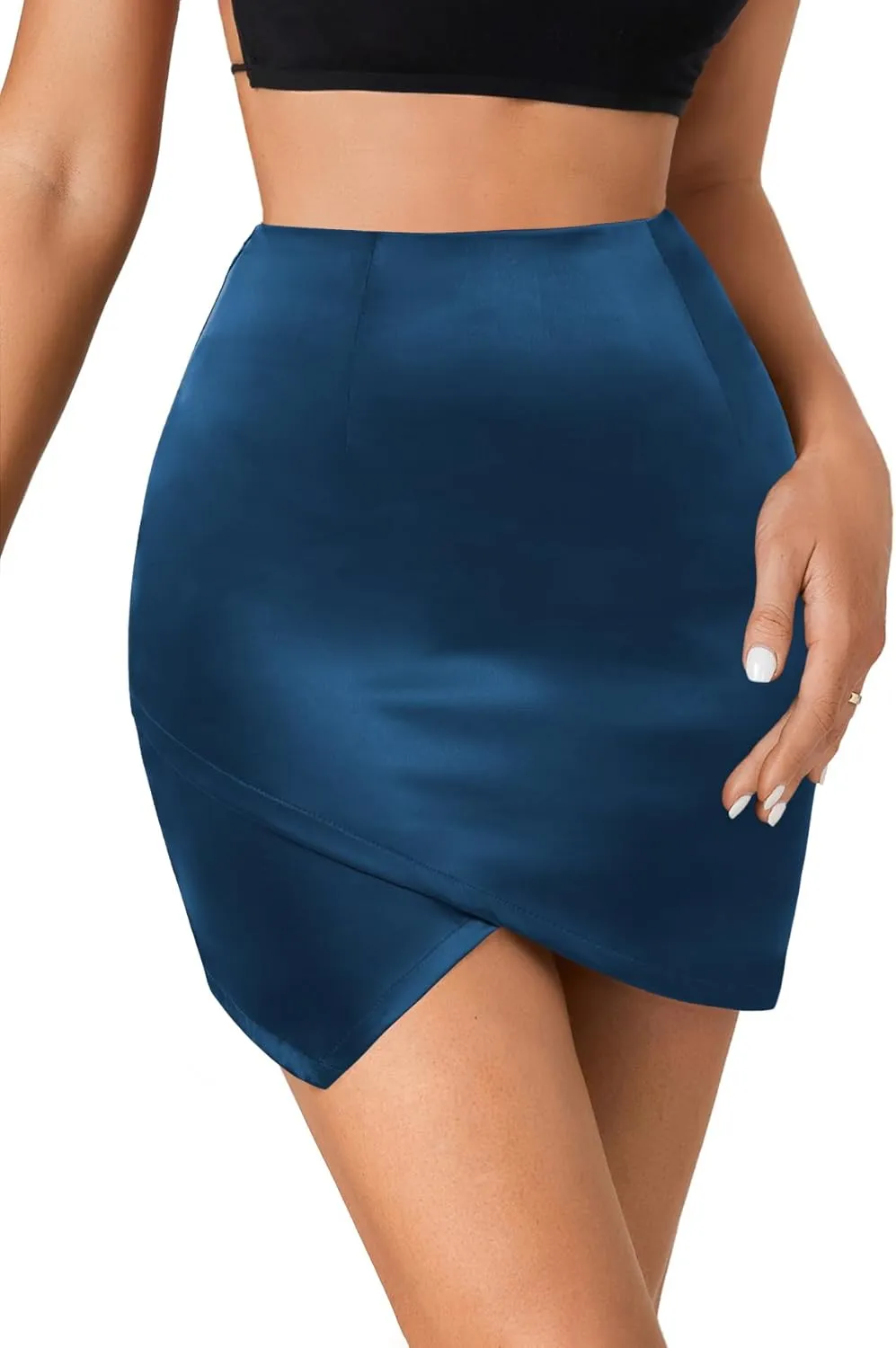 Umenlele Women's Satin Silky High Waist Warp Asymmetrical Tulip Hem Bodycon Pencil Short Mini Skirt