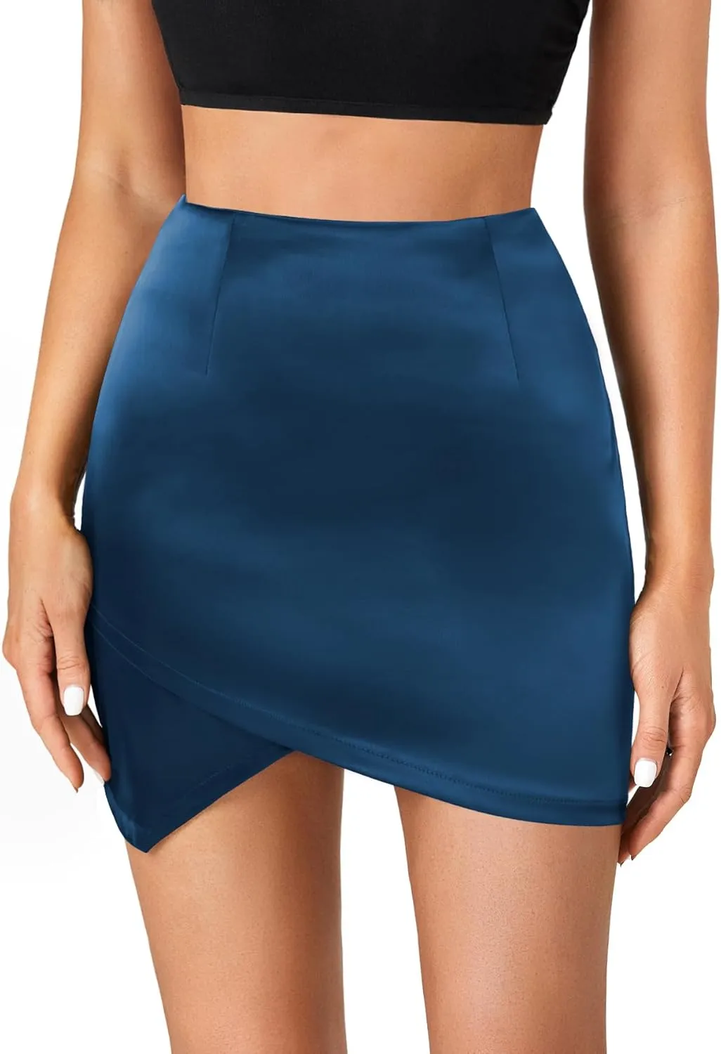 Umenlele Women's Satin Silky High Waist Warp Asymmetrical Tulip Hem Bodycon Pencil Short Mini Skirt