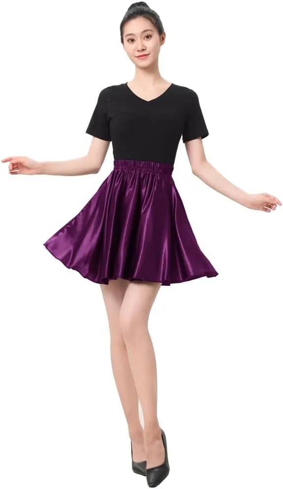 Women Big Girls Shiny Satin A-Line Flared Mini Skirt for Dance Performance Tennis Skater