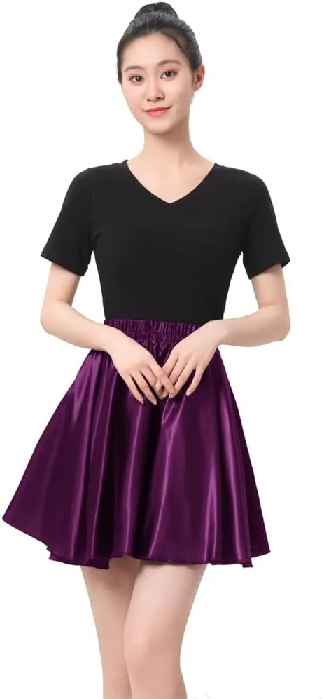 Women Big Girls Shiny Satin A-Line Flared Mini Skirt for Dance Performance Tennis Skater