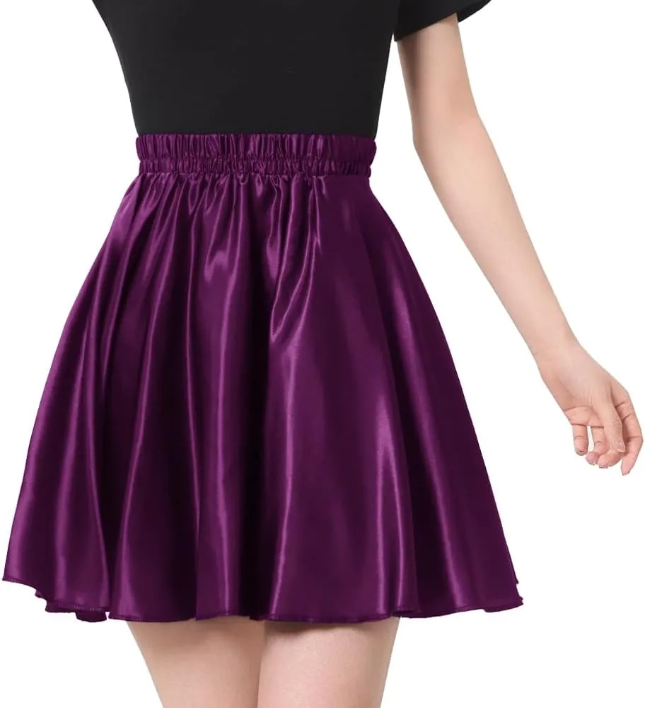 Women Big Girls Shiny Satin A-Line Flared Mini Skirt for Dance Performance Tennis Skater