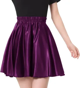Women Big Girls Shiny Satin A-Line Flared Mini Skirt for Dance Performance Tennis Skater