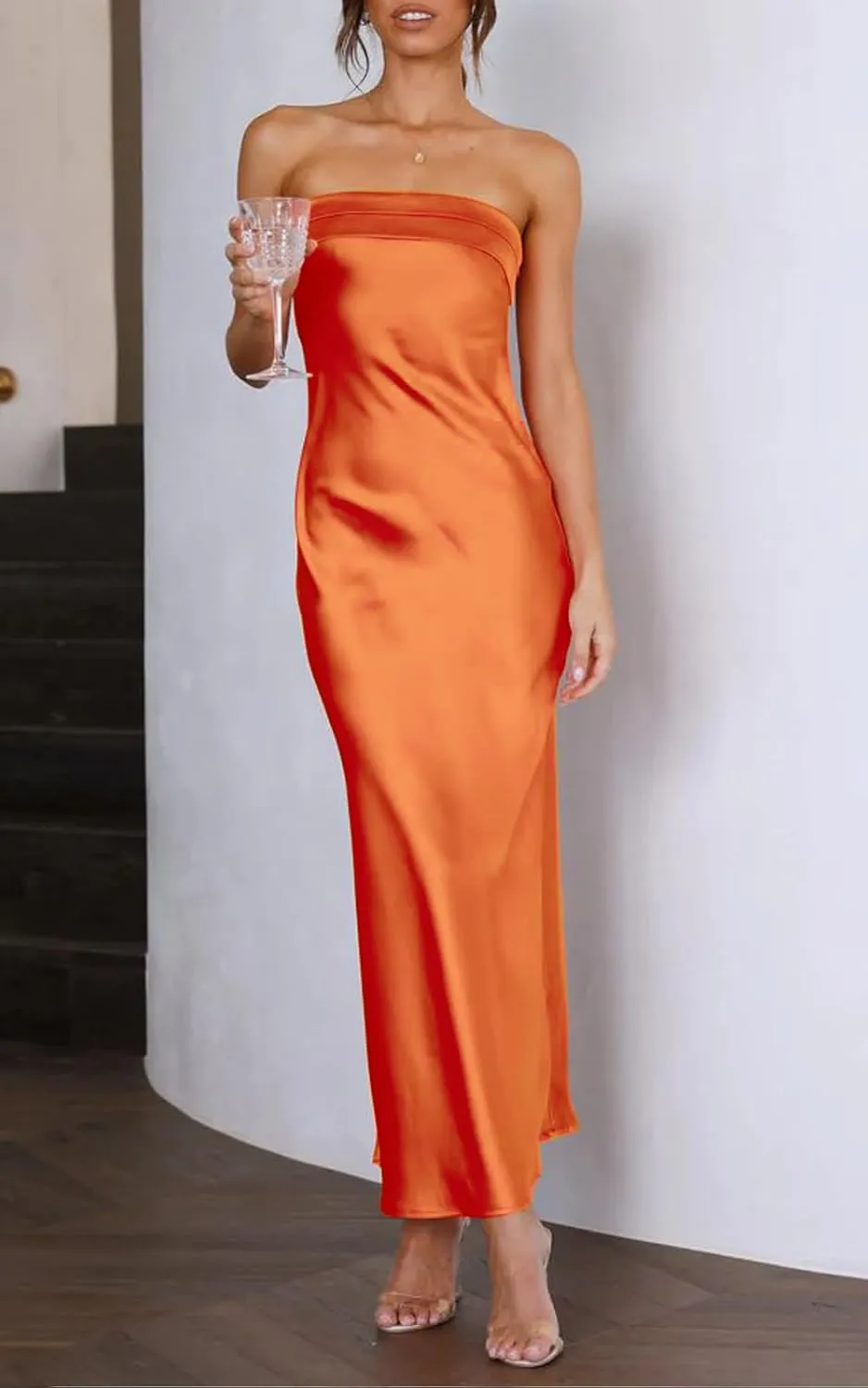 Women Summer Lightweight Satin Maxi Bodycon Dress Strapless Tube Backless Hollow Out Long Party Dress