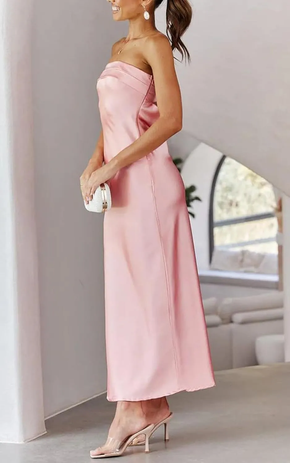 Women Summer Lightweight Satin Maxi Bodycon Dress Strapless Tube Backless Hollow Out Long Party Dress